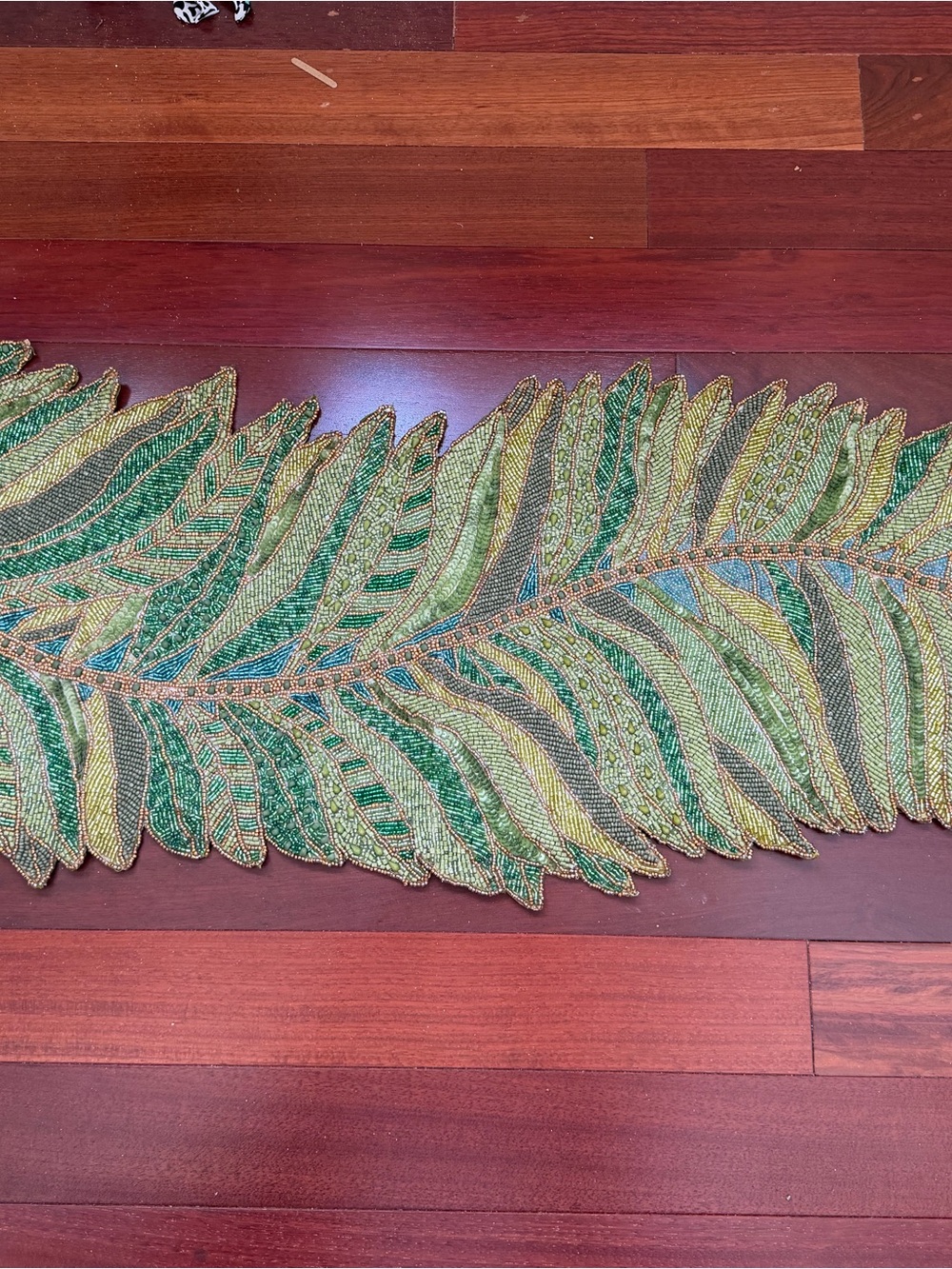 Embroidered Green Leaf Table Runner - 15x42